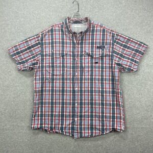 Columbia‎ PFG Shirt Mens Large Blue Red Plaid Super Bonehead Fishing Vented